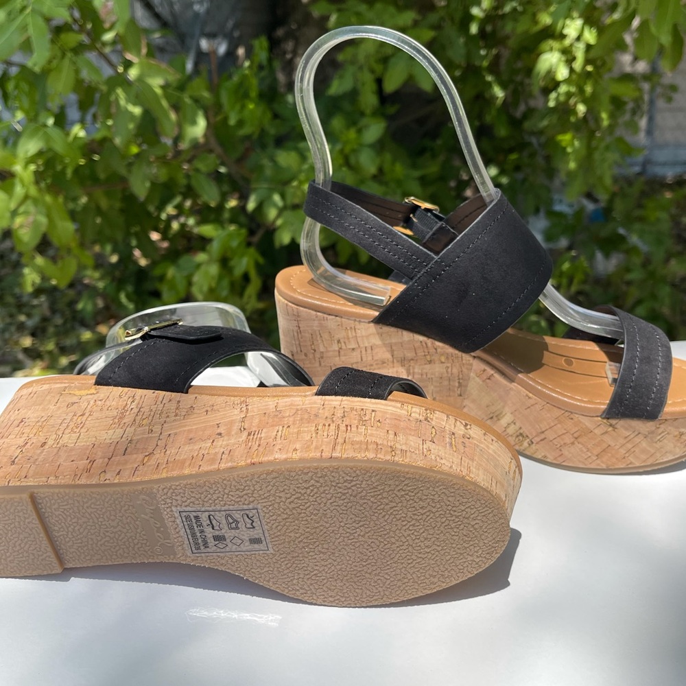 Last 9!  CALEB-42 Black Ankle Strap Slingback Chunky Platform Cork Heel Sandal - Picture 7 of 10